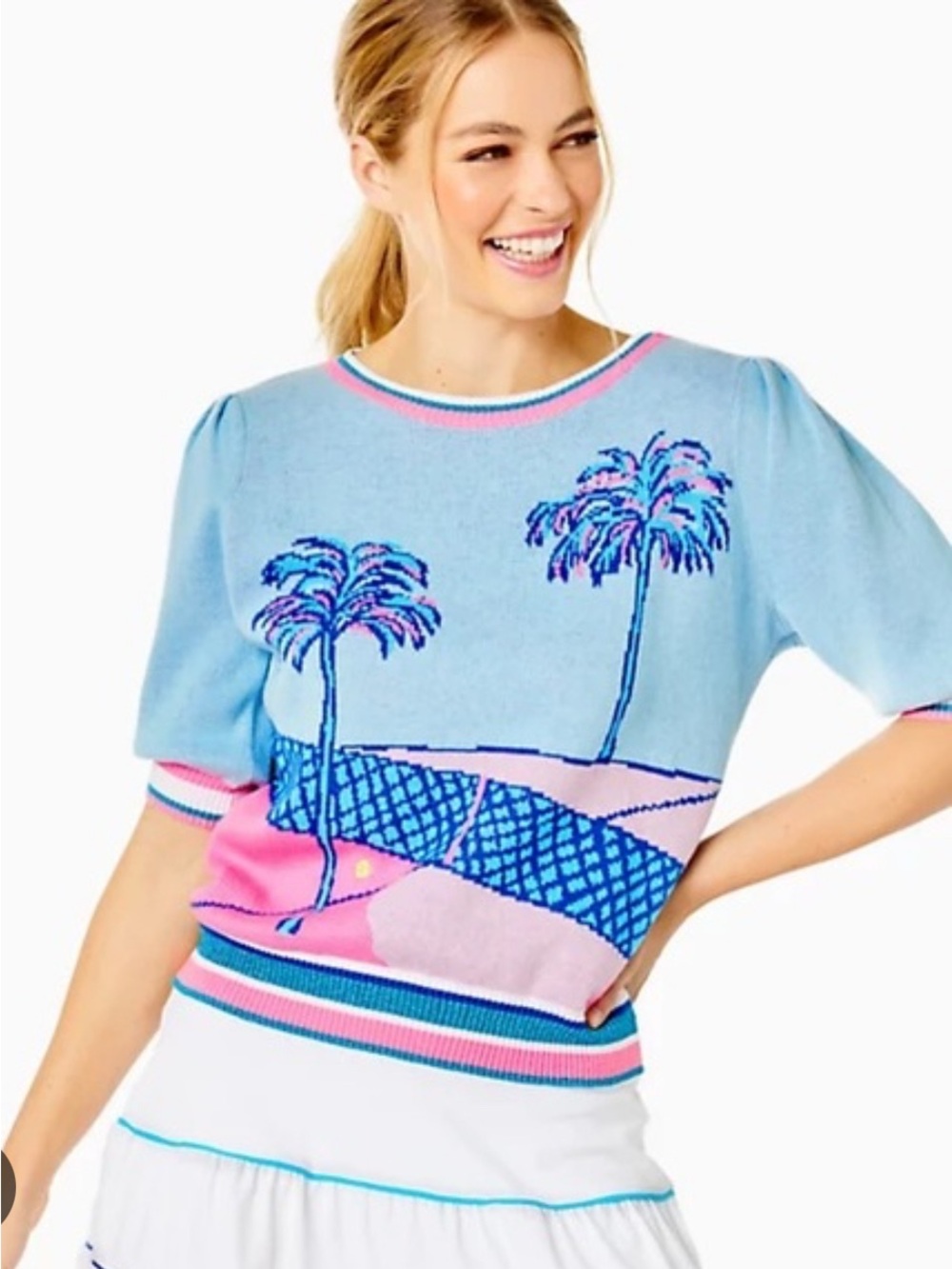 Lilly Pulitzer Light Blue & Pink Tennis Palm Tree Knit Top NWT